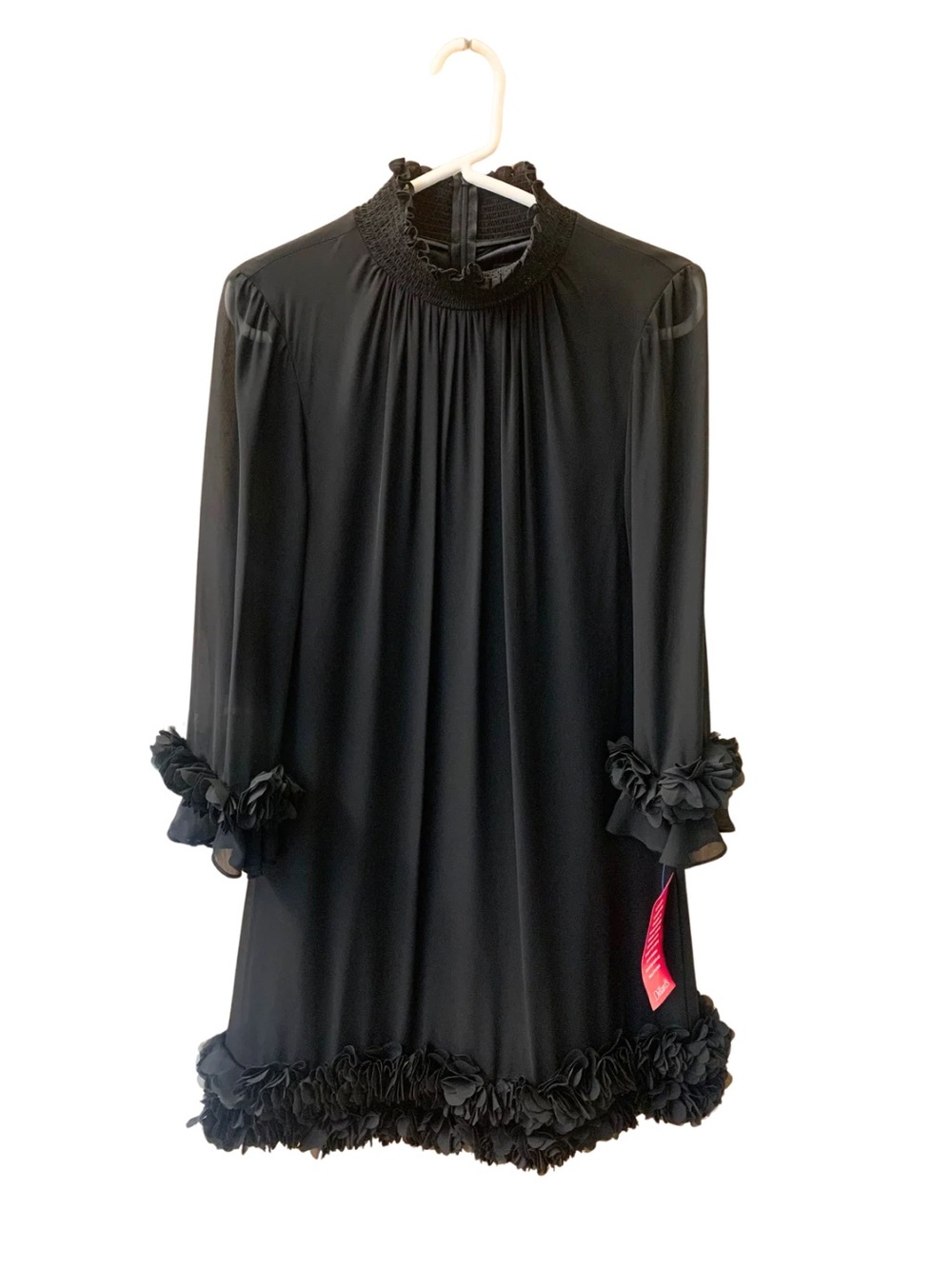 Alex Marie Black Mock Long Sleeve Mini Shift Floral Ruffle Short Dress Romantic